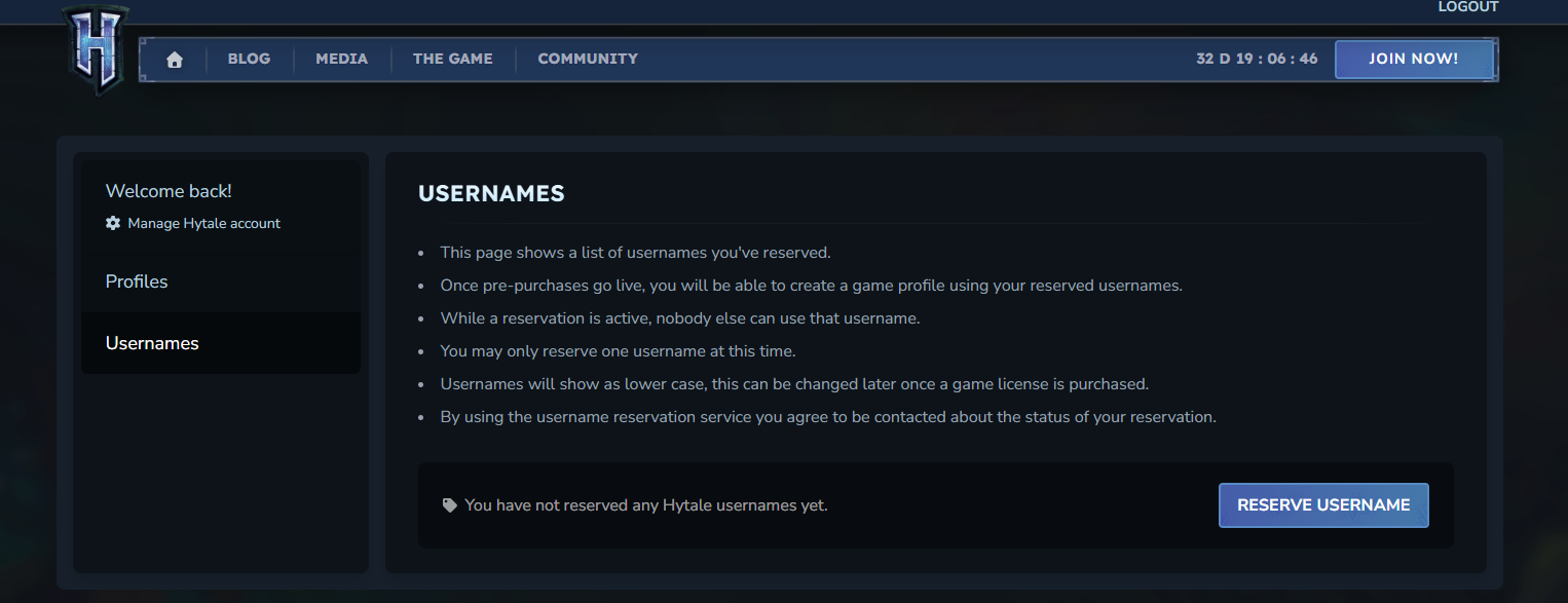 Reserva de nombres de usuario en Hytale y creación de cuentas